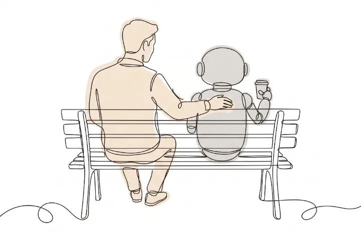 A person with an arm around a robot on a park bench