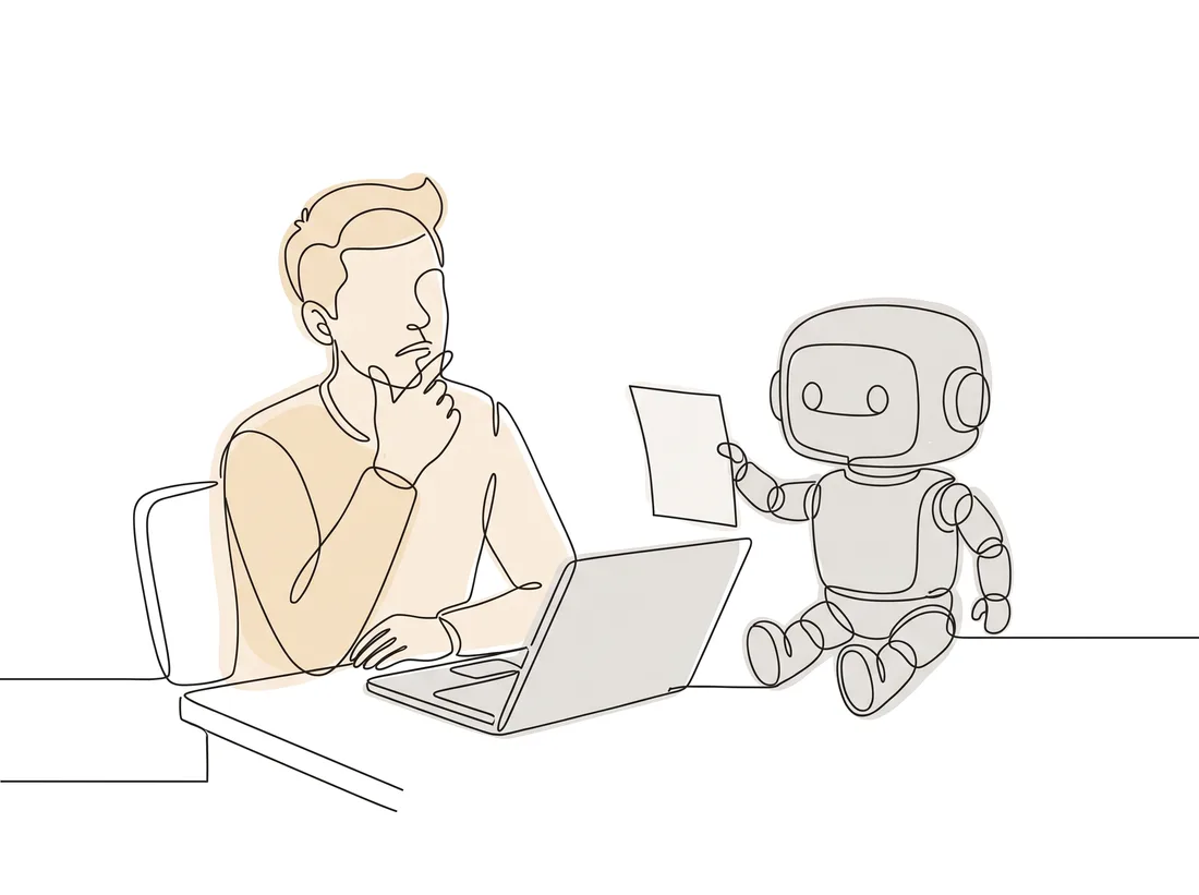 A person unsure at a laptop while a small robot holds up a note