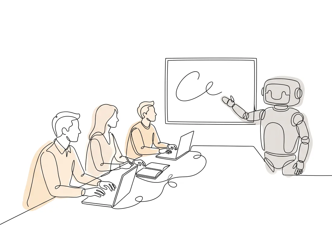 A small workshop with people at laptops and a robot co-host at a whiteboard