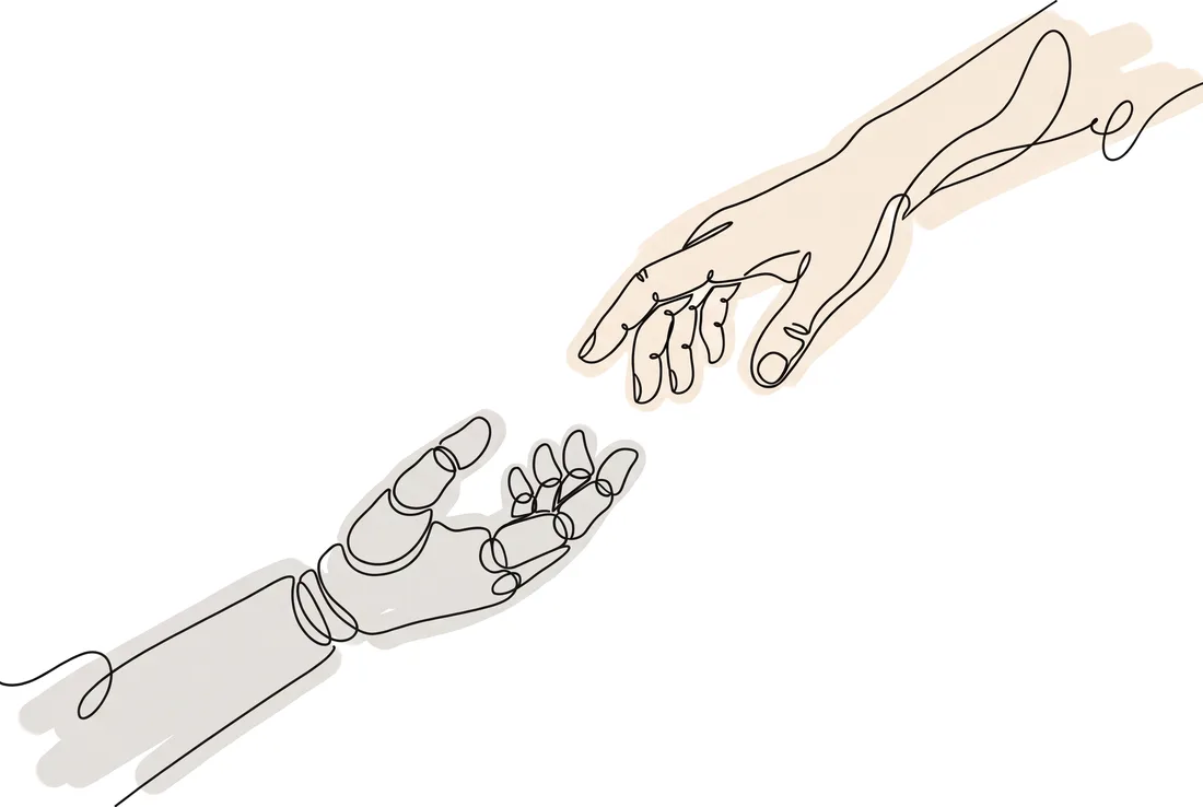 A human hand and a robot hand reaching toward each other, drawn in one continuous line