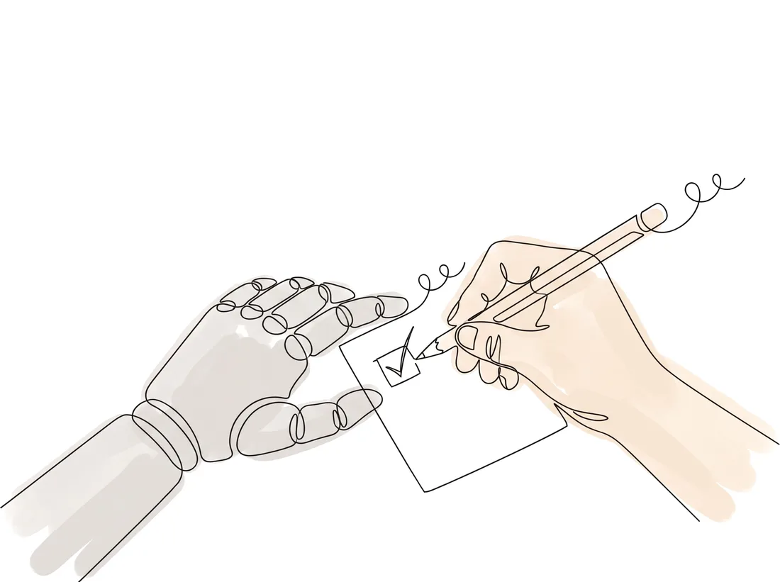 A robot hand guiding a human hand as it ticks a checklist