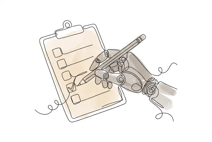Line drawing of a robot hand ticking a checklist on a clipboard
