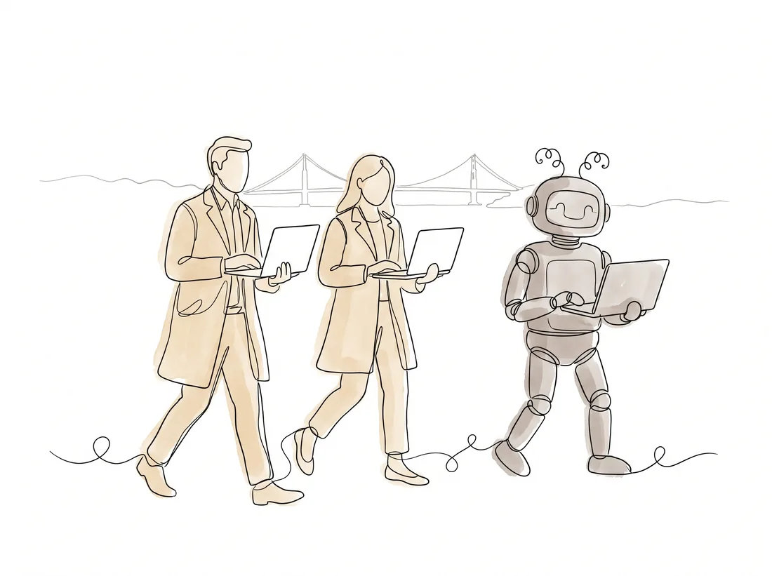 Line drawing of two business owners and a robot walking with laptops