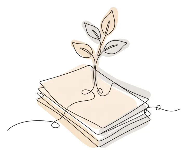 A stack of papers with a plant sprouting from it