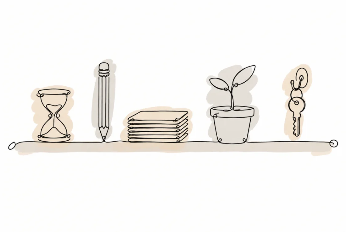 A shelf holding an hourglass, a pencil with an eraser, a neat stack of cards, a sprout in a pot and a key on a hook